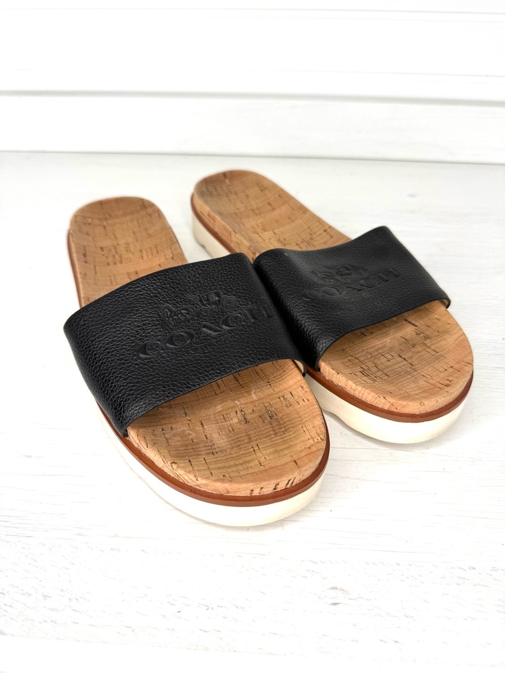Coach Black Leather Cork Slide Sandals with White Sole - Size 8 EUC